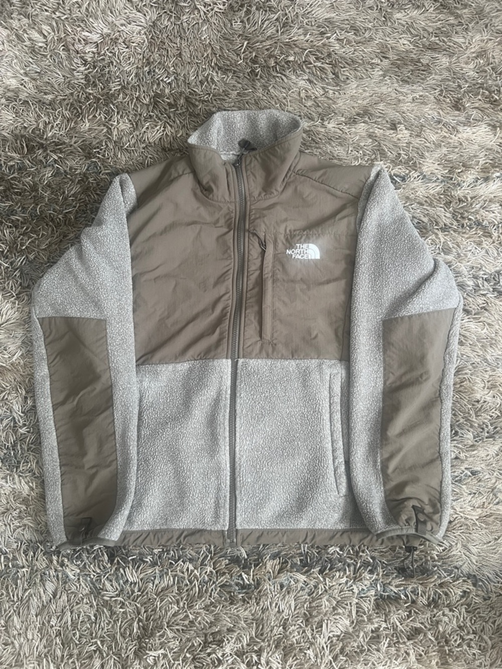The North Face Two-Tone Taupe and Light Gray Sherpa Jacket: Women's